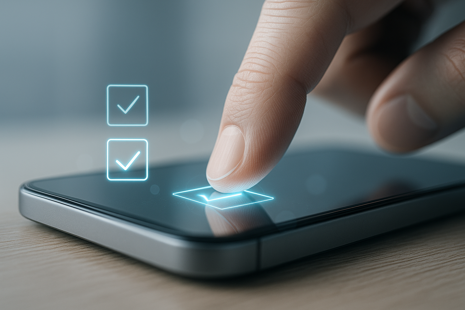 Dedo tocando em um celular com símbolos de check-in, simbolizando votação online.